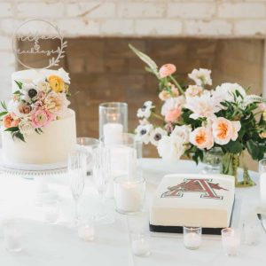 Two tier floral wedding cake and Arkansas groom's cake | Petite Sweets by Laura | Photo by Bowtie Media