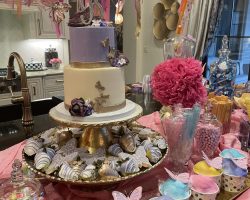 Purple butterfly cake, decorated cookies, and chocolate strawberries | Petite Sweets by Laura